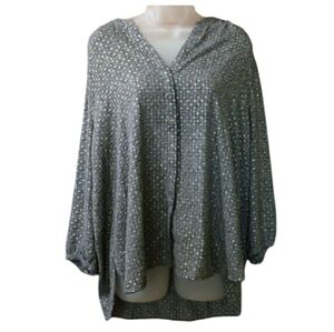 NYDJ Gray Geometric Square Print V-Neck Blouse Long Sleeve XL Classic Workwear